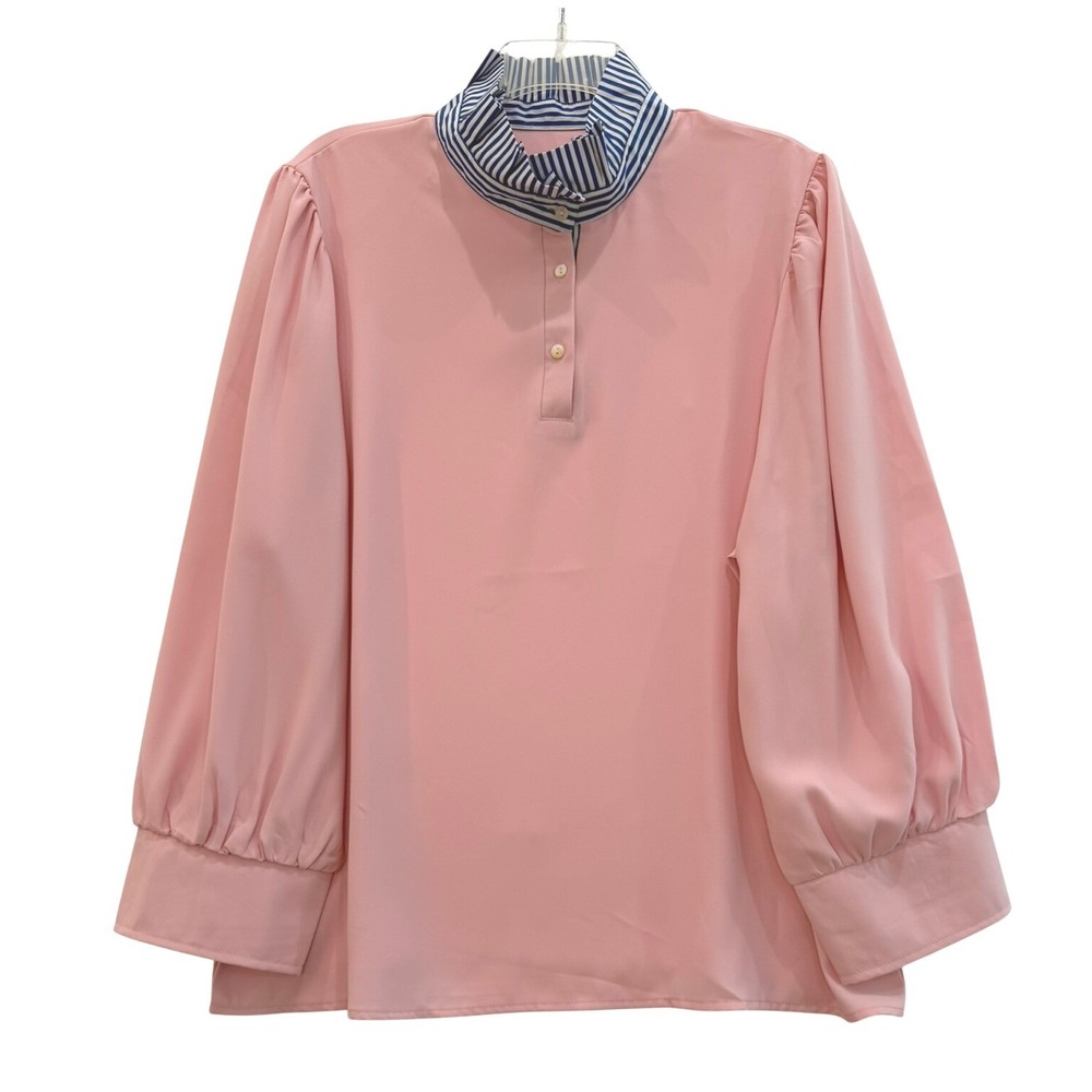 Women Pink Chiffon Blouse Blue Striped Ruffle Collar Puff Sleeve Top 2XL